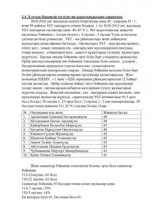 2019-2020 оқу жылының ұлттық бірыңғай тестілеуінің қорытынды сараптамасы