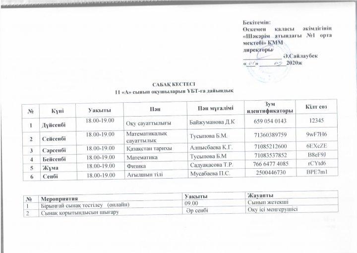 2020-2021 оқу жылы ҰБТ-ға дайындық сабақ кестесі